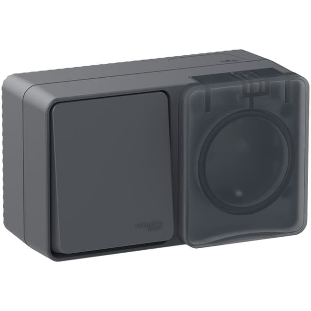 Блок комбинированный Systeme Electric AtlasDesign Profi54 ATN544070, розетка 16А с заземлением и защитными шторками, выключатель одноклавишный 10А, IP54, накладной монтаж, антрацит, с откидной крышкой