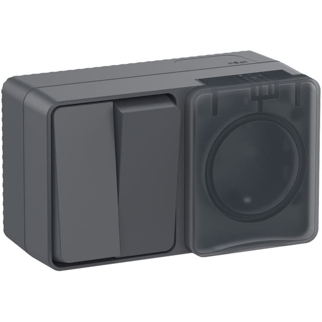 Блок комбинированный Systeme Electric AtlasDesign Profi54 ATN544074, розетка 16А с заземлением и защитными шторками, выключатель двухклавишный 10А, IP54, накладной монтаж, антрацит
