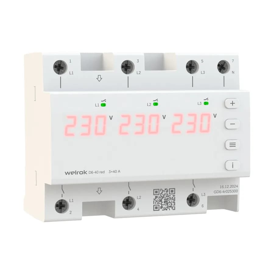 Реле напряжения трёхфазное 40А Welrok D6-40