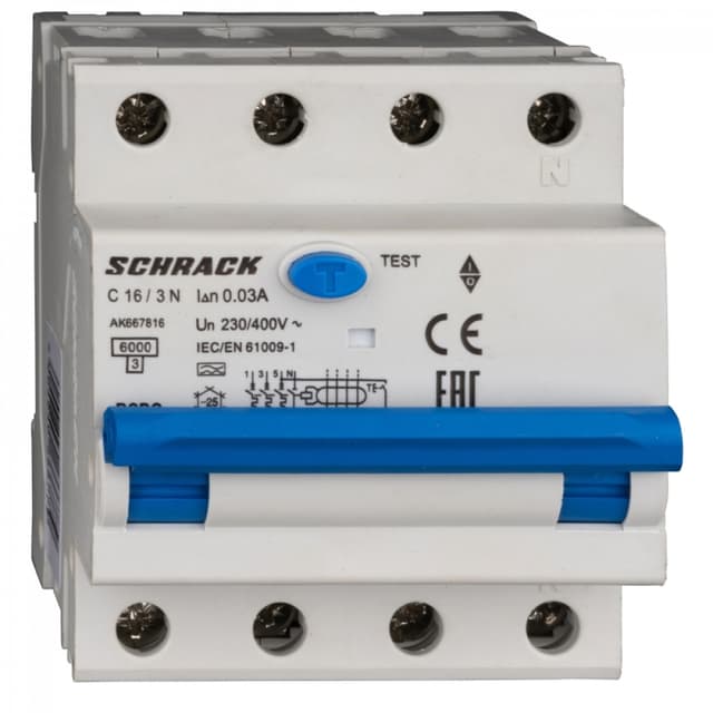 Дифференциальный автоматический выключатель модульный Schrack Technik Amparo 3P+N, характеристика C, номинальный ток 16А, ток утечки 30мА, тип A, отключающая способность 6кА, артикул AK667816