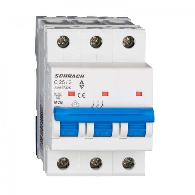 Автоматический выключатель модульный Schrack Technik Amparo 3P, характеристика C, номинальный ток 25А, отключающая способность 6кА, артикул AM617325