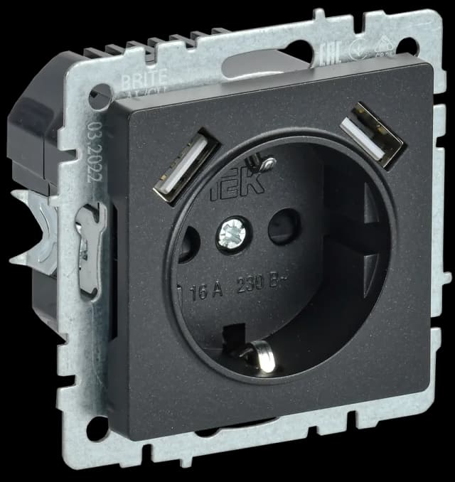 Розетка USB с заземлением и защитными шторками IEK BRITE BR-R14-16-U21-D21-K02 (черный)