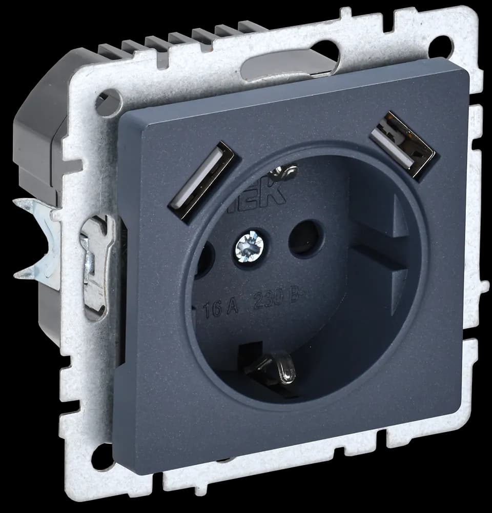 Розетка USB с заземлением и защитными шторками IEK BRITE BR-R14-16-U21-D21-K35 (маренго)