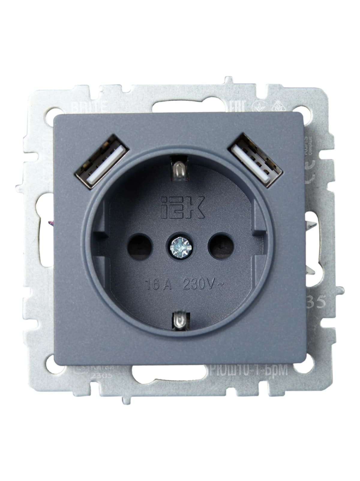 Розетка USB с заземлением и защитными шторками IEK BRITE BR-R14-16-U21-D21-K35 (маренго), фото 2