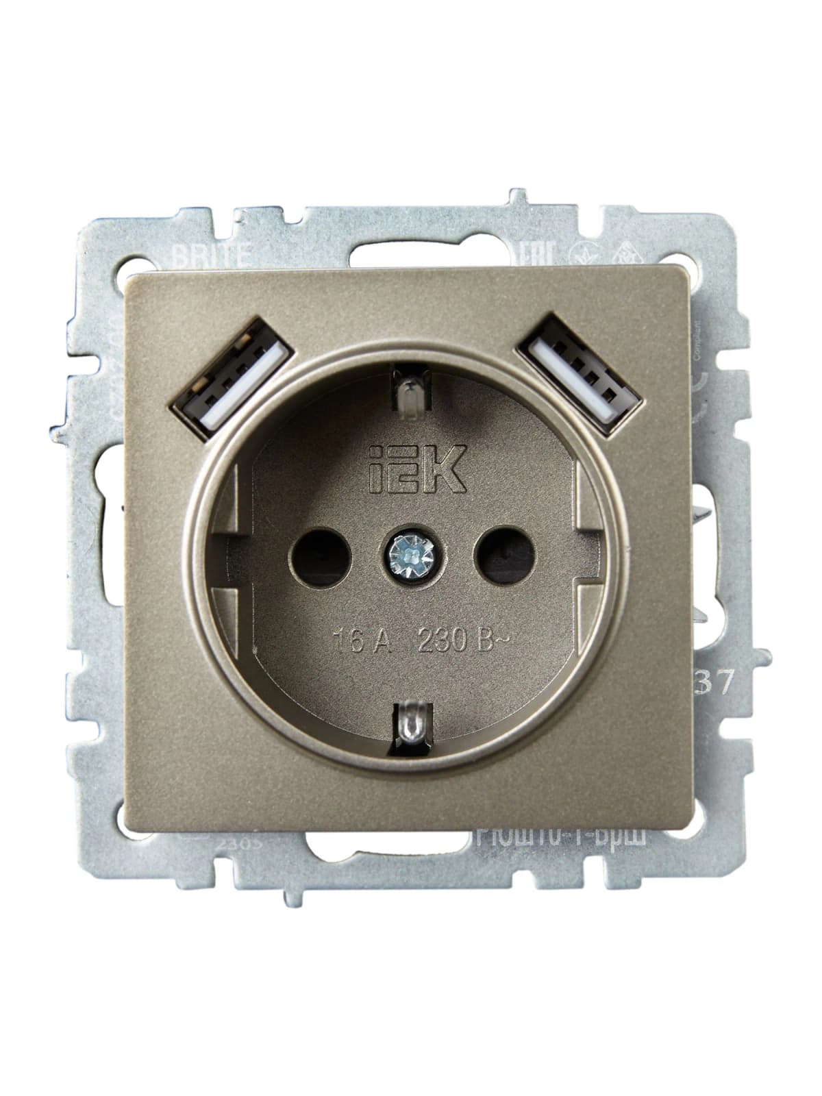 Розетка USB с заземлением и защитными шторками IEK BRITE BR-R14-16-U21-D21-K37 (шампань), фото 4