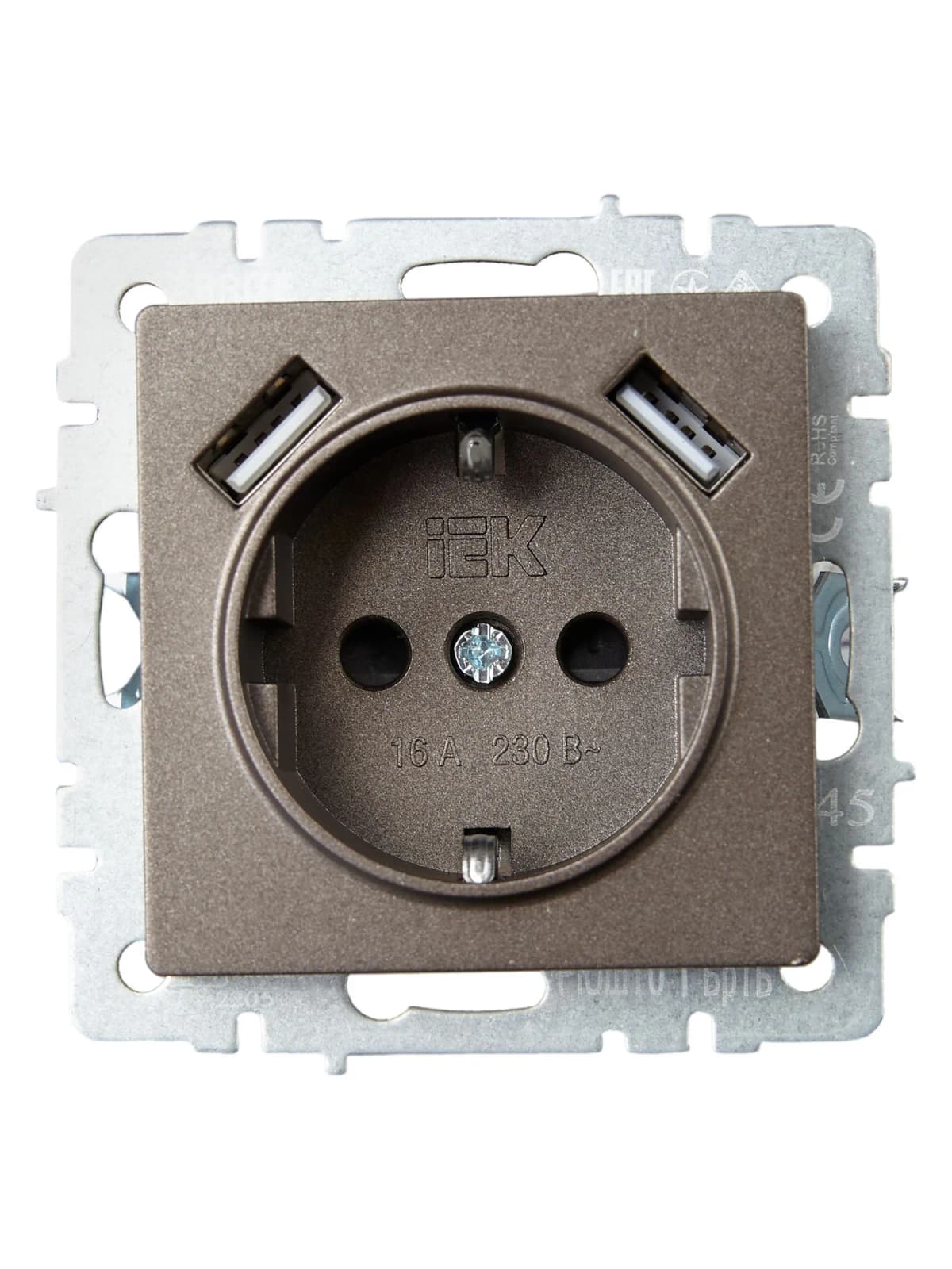 Розетка USB с заземлением и защитными шторками IEK BRITE BR-R14-16-U21-D21-K45 (бронза), фото 3