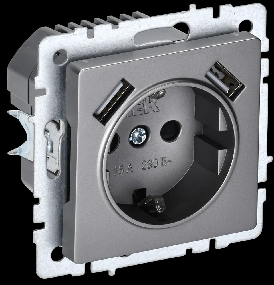 Розетка USB с заземлением и защитными шторками IEK BRITE BR-R14-16-U21-D21-K46 (сталь)