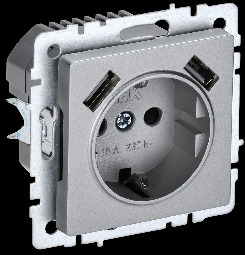 Розетка USB с заземлением и защитными шторками IEK BRITE BR-R14-16-U21-D21-K47 (алюминий)