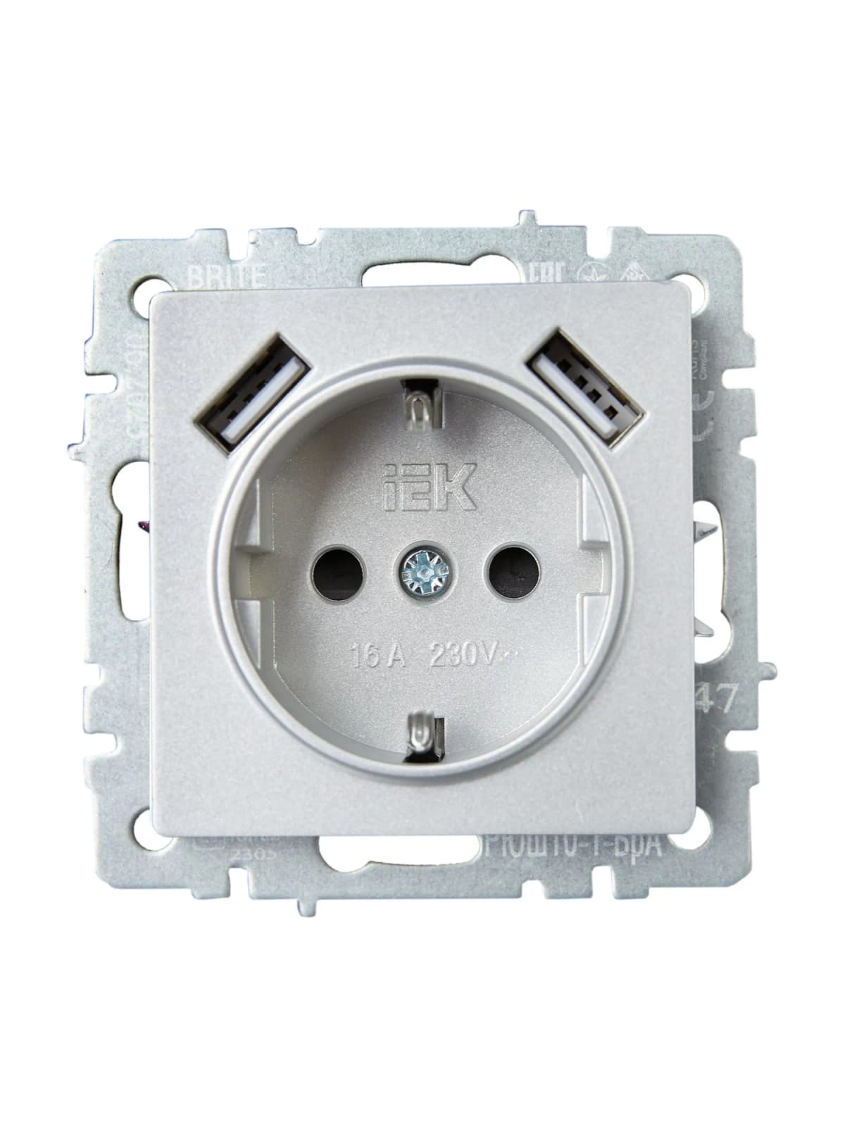 Розетка USB с заземлением и защитными шторками IEK BRITE BR-R14-16-U21-D21-K47 (алюминий), фото 3