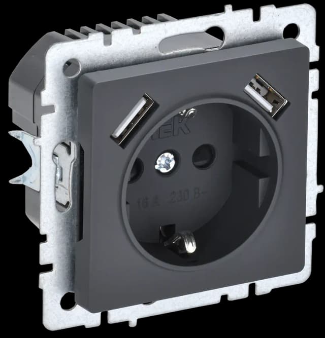 Розетка USB с заземлением и защитными шторками IEK BRITE BR-R14-16-U21-D21-K53 (графит)
