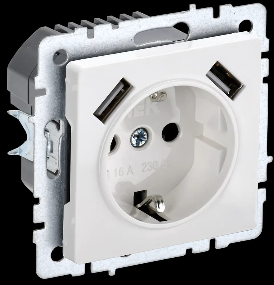 Розетка USB с заземлением и защитными шторками IEK BRITE BR-R14-16-U21-D31-K01 (белый)