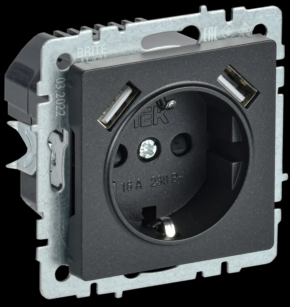 Розетка USB с заземлением и защитными шторками IEK BRITE BR-R14-16-U21-D31-K02 (черный)