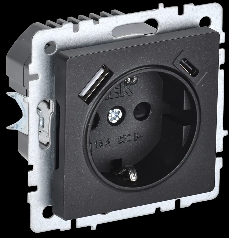 Розетка USB с заземлением и защитными шторками IEK BRITE BR-R14-16-U22-018-K02 (черный)