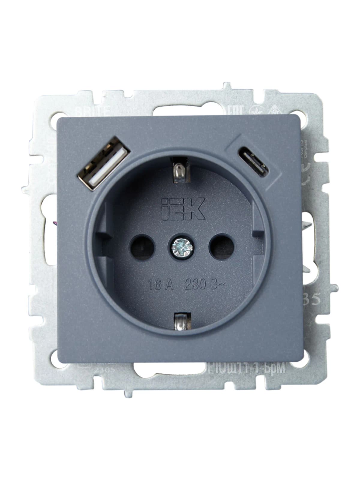 Розетка USB с заземлением и защитными шторками IEK BRITE BR-R14-16-U22-018-K35 (маренго), фото 2