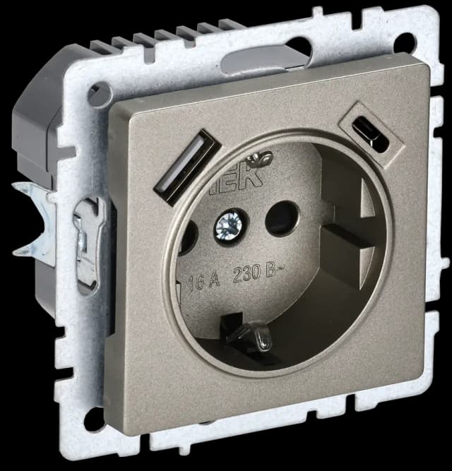 Розетка USB с заземлением и защитными шторками IEK BRITE BR-R14-16-U22-018-K37 (шампань)