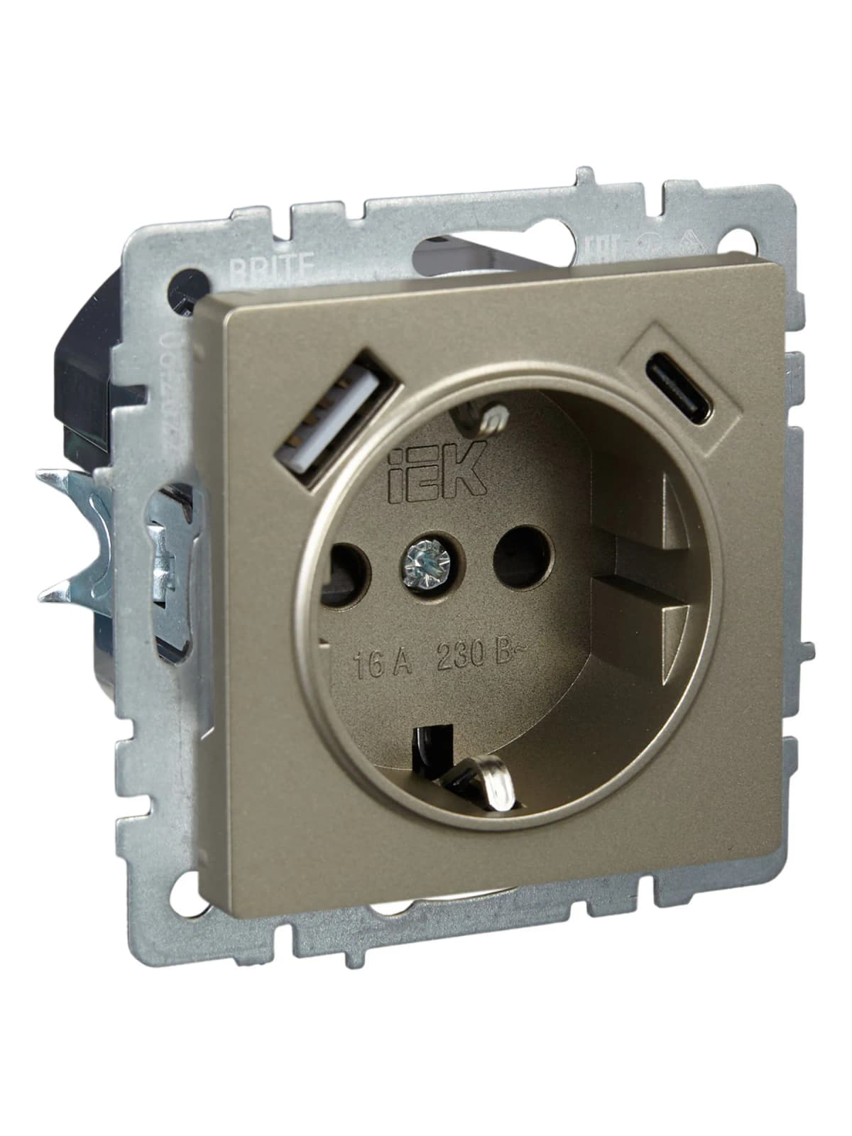 Розетка USB с заземлением и защитными шторками IEK BRITE BR-R14-16-U22-018-K37 (шампань), фото 3