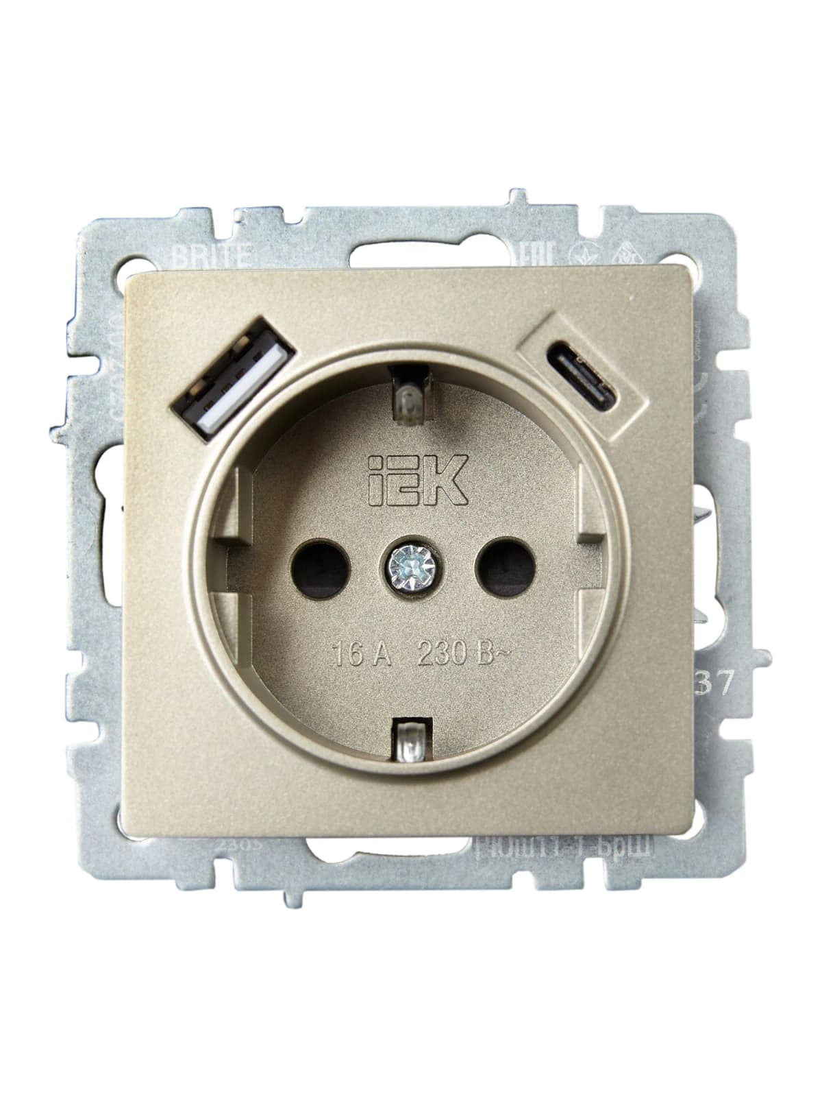 Розетка USB с заземлением и защитными шторками IEK BRITE BR-R14-16-U22-018-K37 (шампань), фото 4