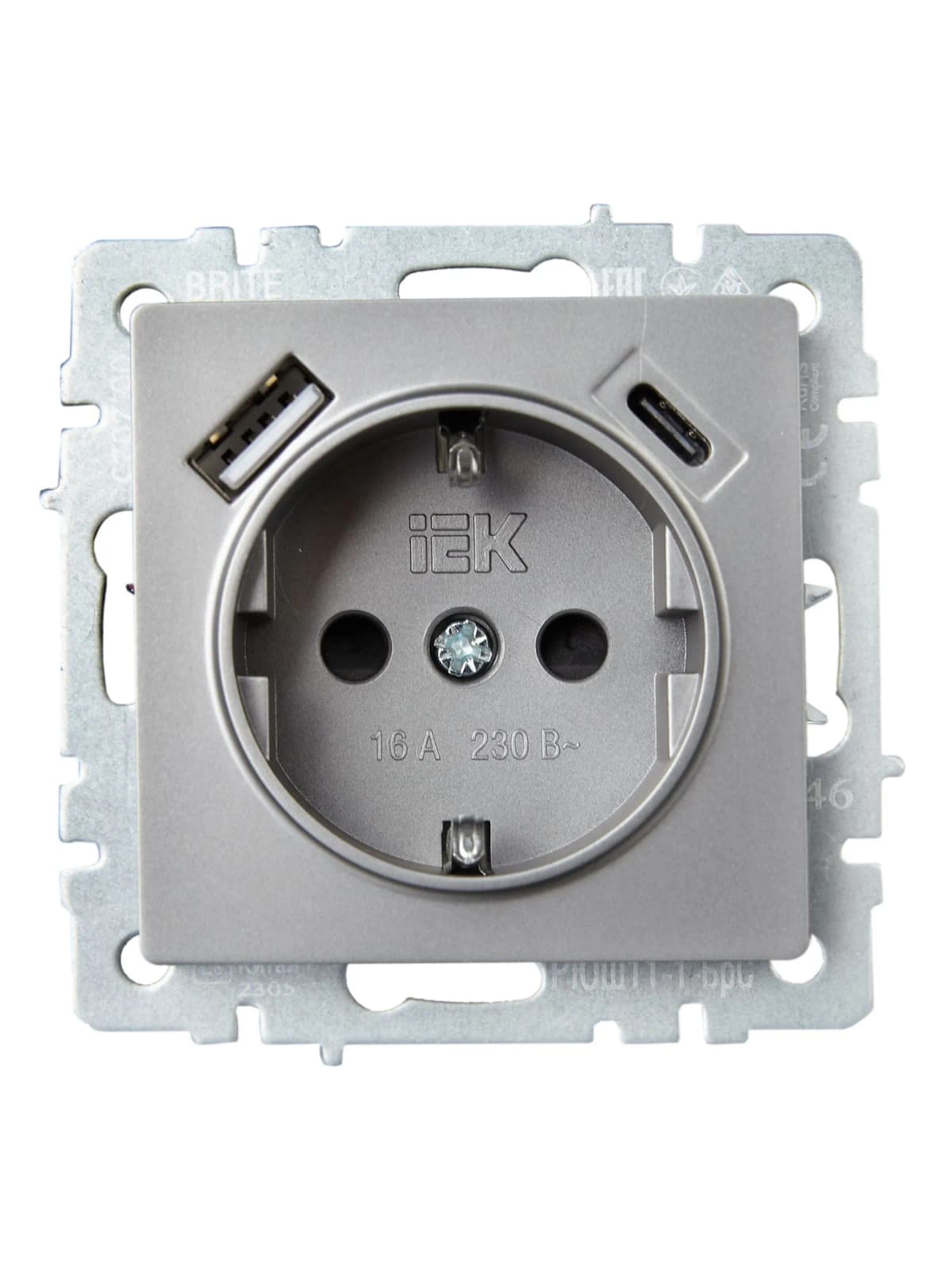 Розетка USB с заземлением и защитными шторками IEK BRITE BR-R14-16-U22-018-K46 (сталь), фото 4