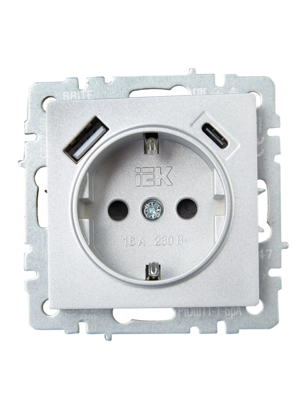 Розетка USB с заземлением и защитными шторками IEK BRITE BR-R14-16-U22-018-K47 (алюминий), фото 3