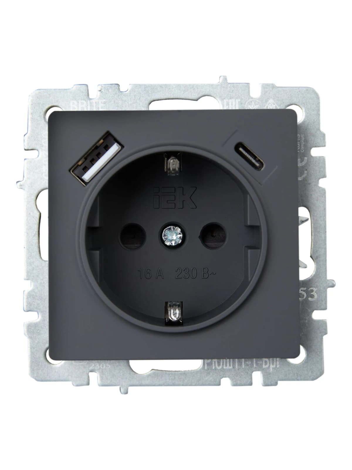 Розетка USB с заземлением и защитными шторками IEK BRITE BR-R14-16-U22-018-K53 (графит), фото 2