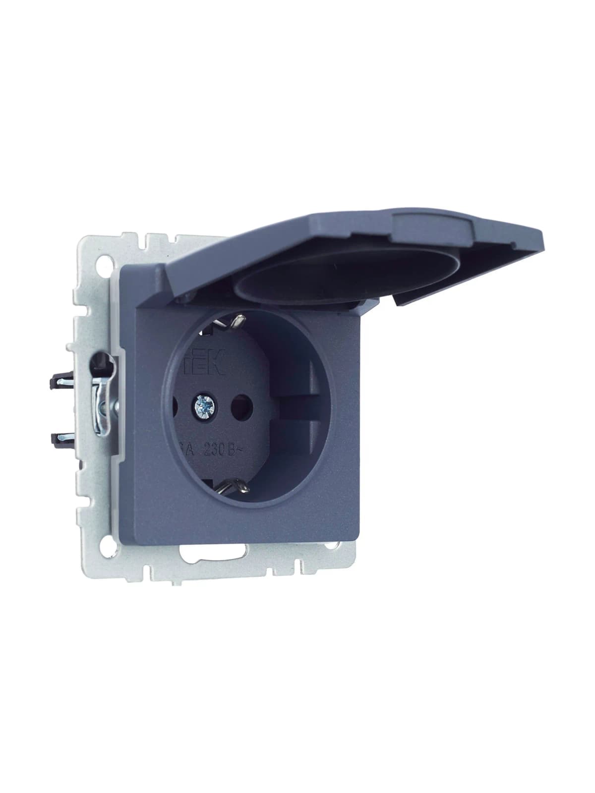 Розетка с заземлением, защитными шторками и крышкой IEK BRITE BR-R16-16-44-K35 (маренго), фото 2