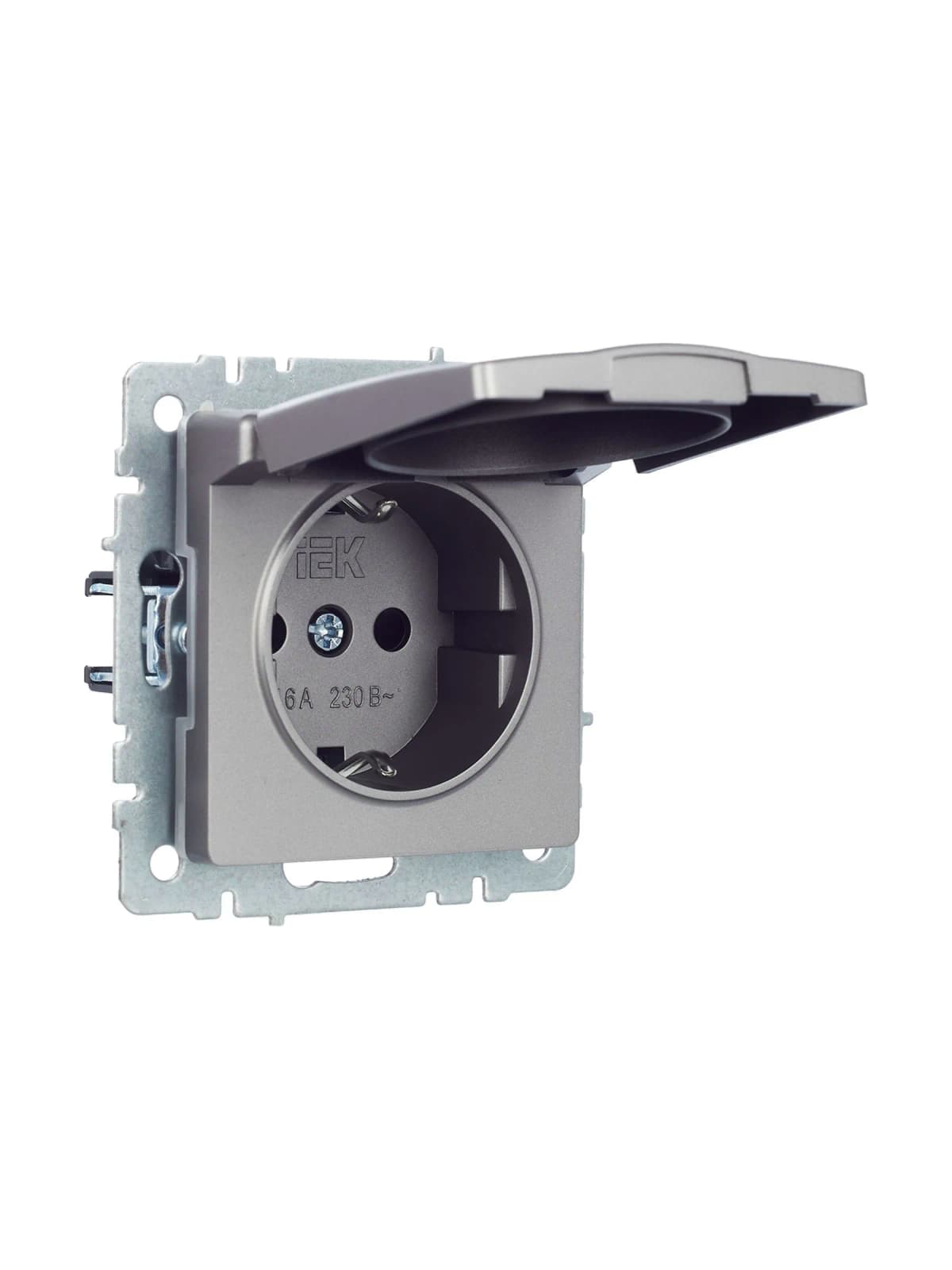 Розетка с заземлением, защитными шторками и крышкой IEK BRITE BR-R16-16-44-K46 (сталь), фото 2