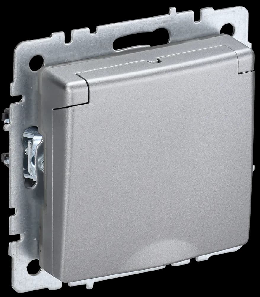 Розетка с заземлением, защитными шторками и крышкой IEK BRITE BR-R16-16-44-K47 (алюминий)