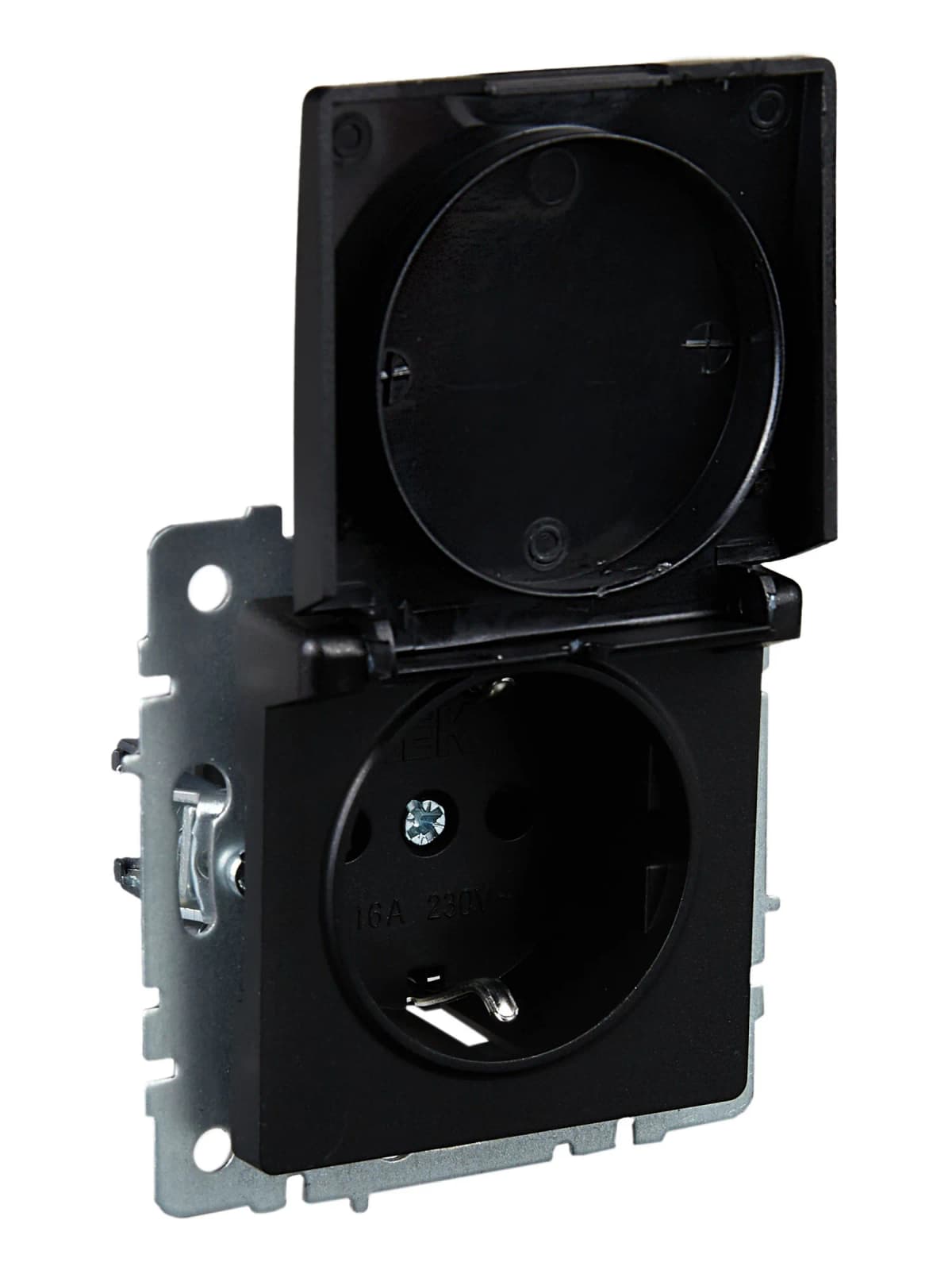 Розетка с заземлением, защитными шторками и крышкой IEK BRITE BR-R16-16-K02 (черный), фото 2