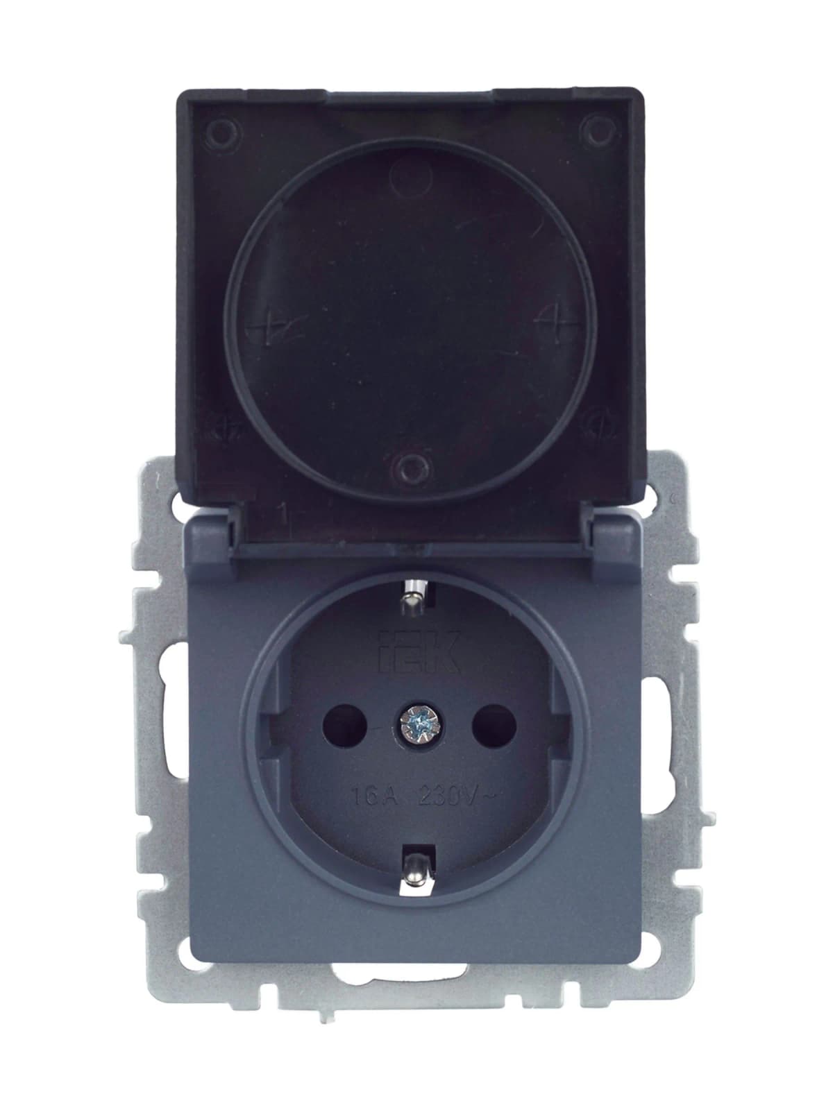 Розетка с заземлением, защитными шторками и крышкой IEK BRITE BR-R16-16-K35 (маренго), фото 2