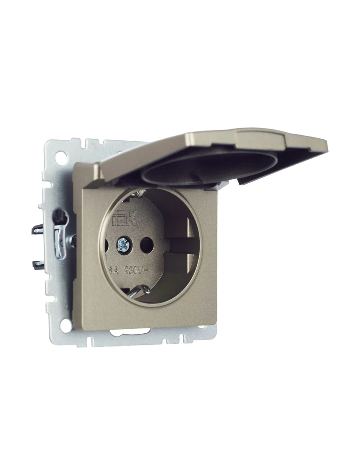 Розетка с заземлением, защитными шторками и крышкой IEK BRITE BR-R16-16-K37 (шампань), фото 4