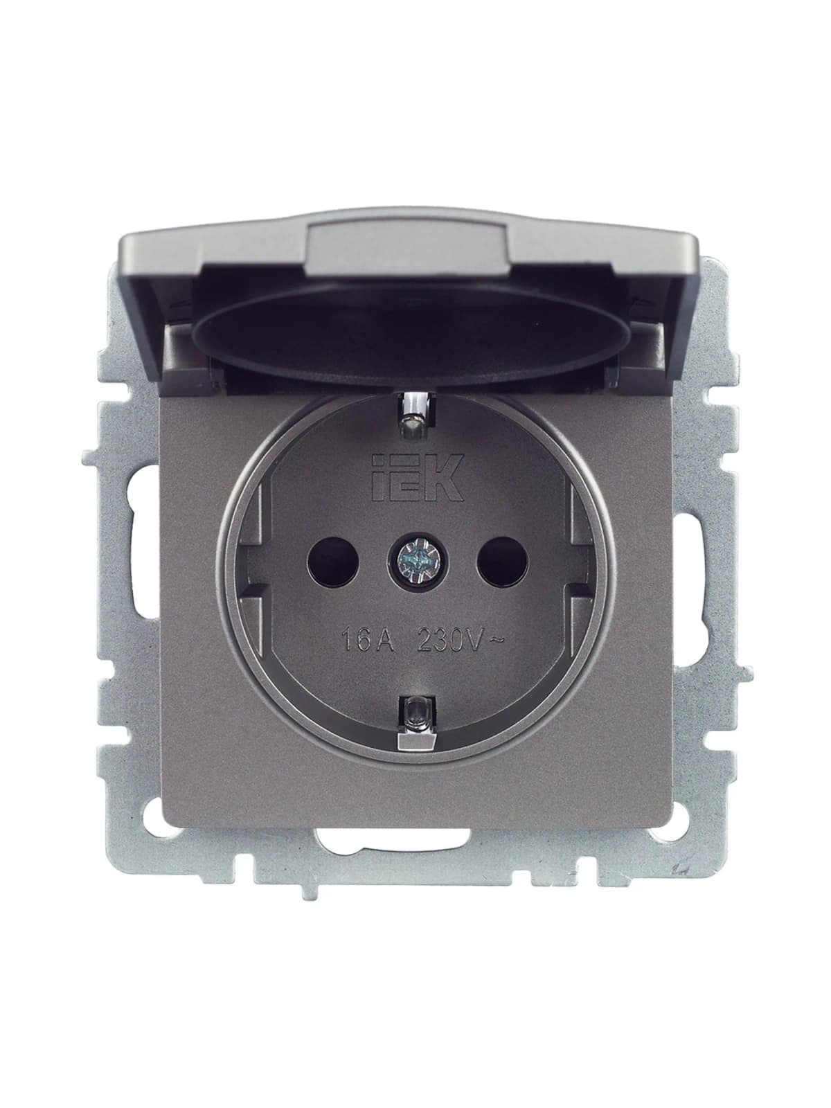 Розетка с заземлением, защитными шторками и крышкой IEK BRITE BR-R16-16-K46 (сталь), фото 3