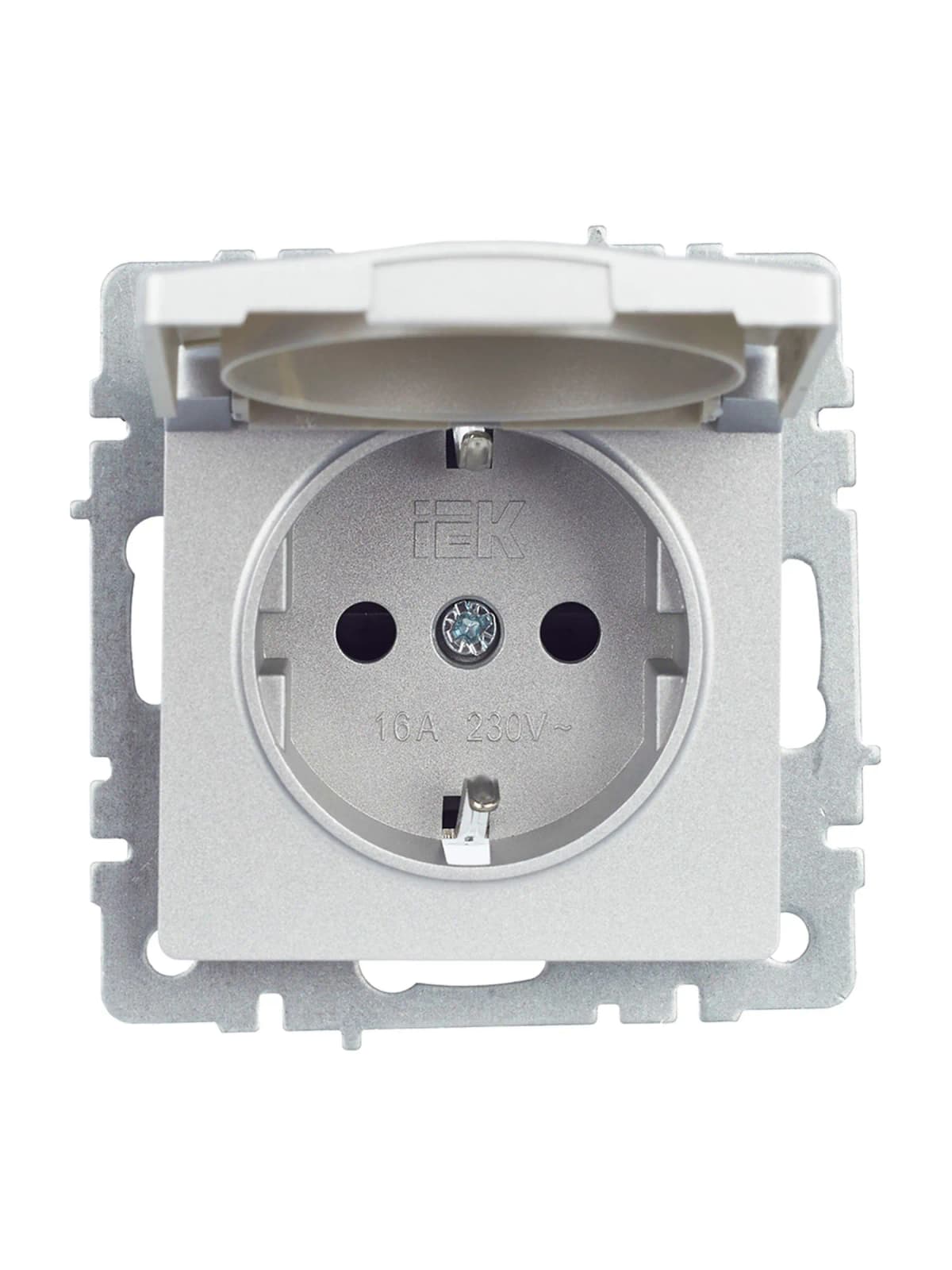 Розетка с заземлением, защитными шторками и крышкой IEK BRITE BR-R16-16-K47 (алюминий), фото 2