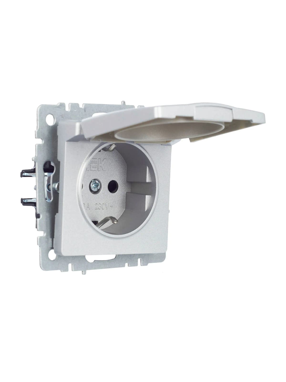 Розетка с заземлением, защитными шторками и крышкой IEK BRITE BR-R16-16-K47 (алюминий), фото 4