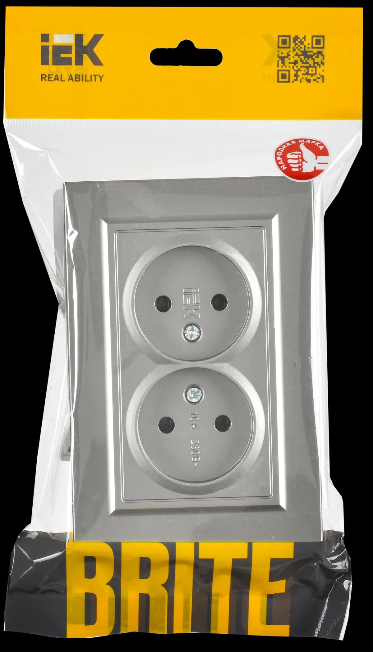 Розетка двойная без заземления с рамкой IEK BRITE BR-R20-10-K46-F (сталь), фото 2