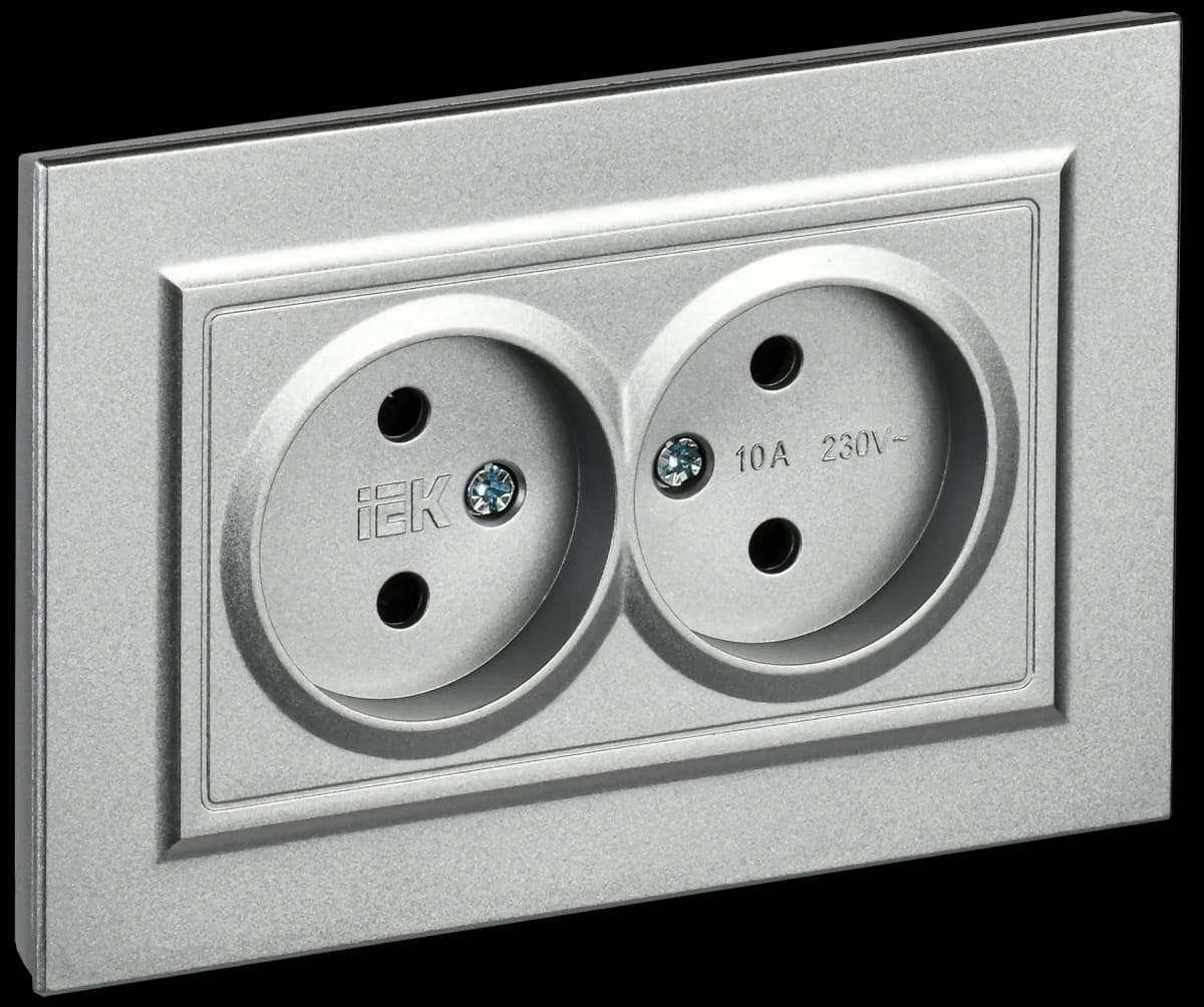 Розетка двойная без заземления с рамкой IEK BRITE BR-R20-10-K47-F (алюминий)