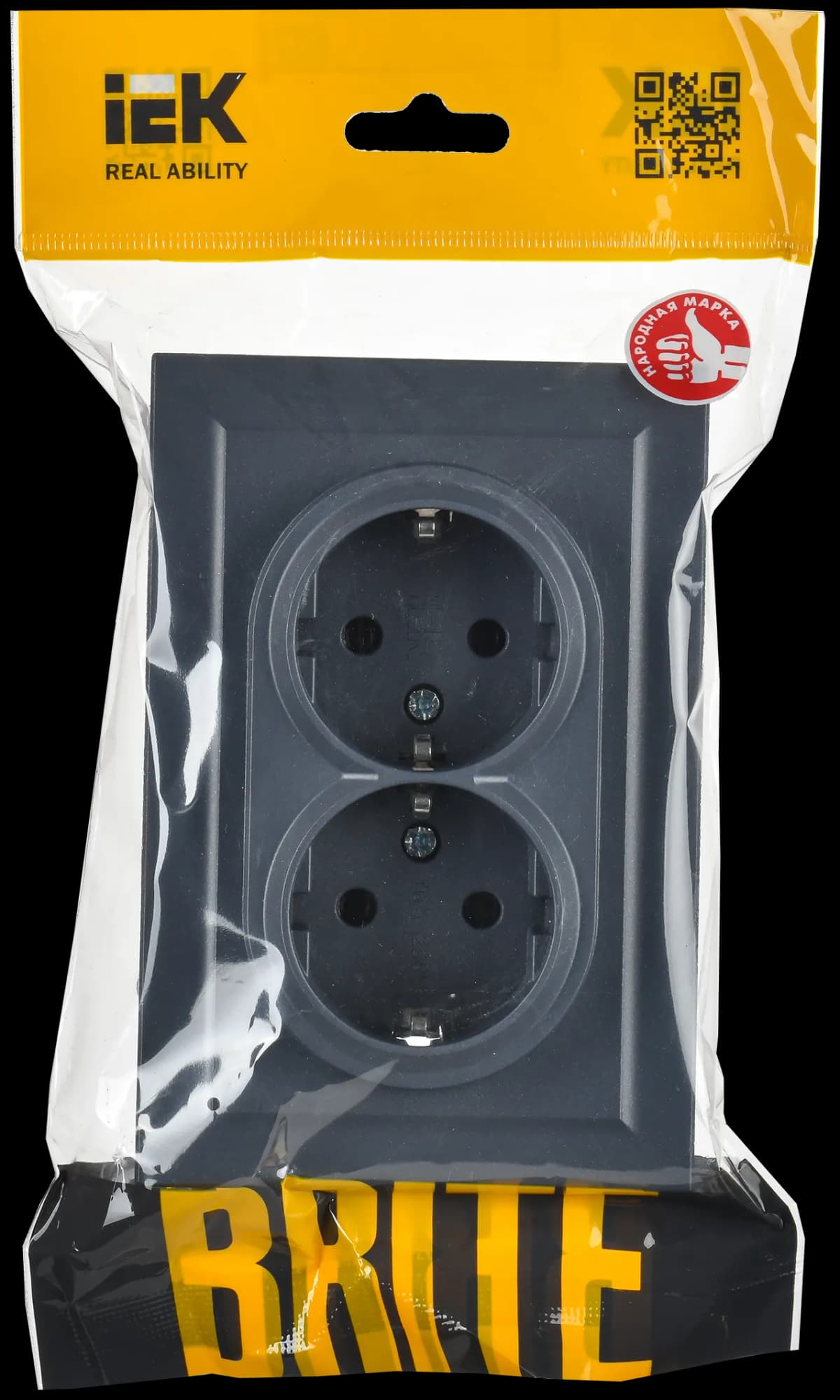 Розетка двойная с заземлением и рамкой IEK BRITE BR-R21-16-K35-F (маренго), фото 2