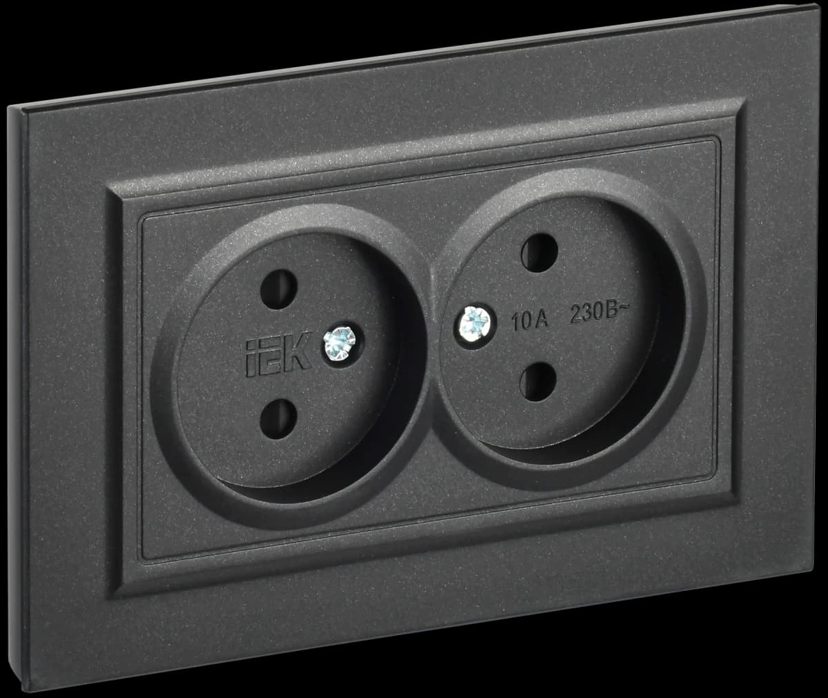 Розетка двойная без заземления с защитными шторками и рамкой IEK BRITE BR-R23-10-K02-F (черный)