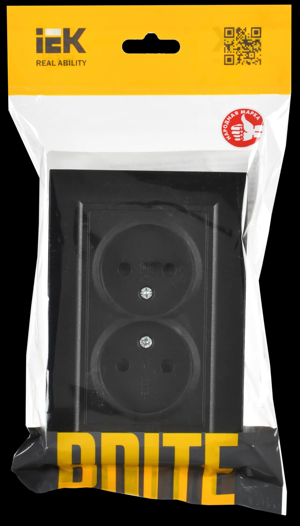 Розетка двойная без заземления с защитными шторками и рамкой IEK BRITE BR-R23-10-K02-F (черный), фото 2