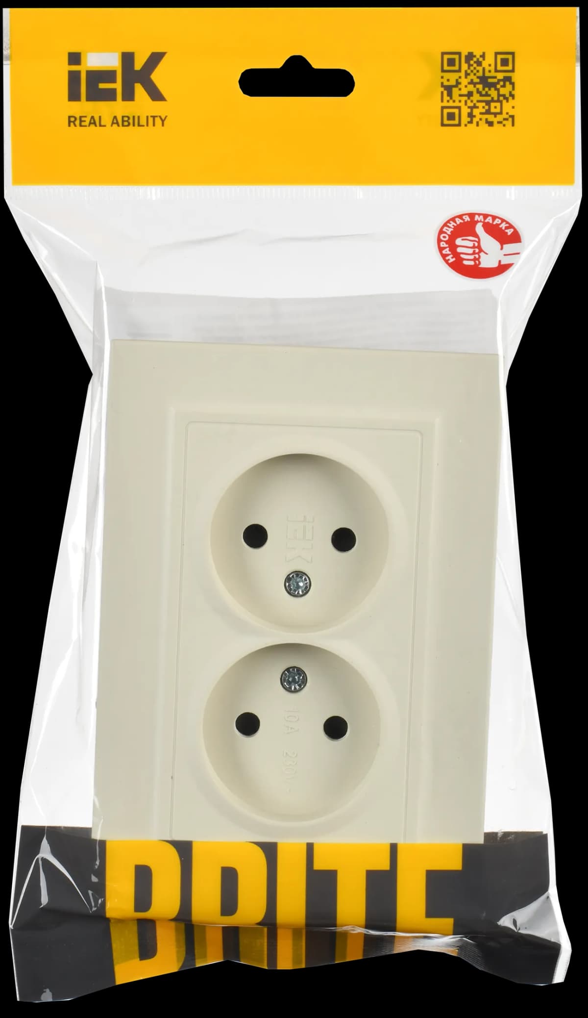 Розетка двойная без заземления с защитными шторками и рамкой IEK BRITE BR-R23-10-K10-F (бежевый), фото 2