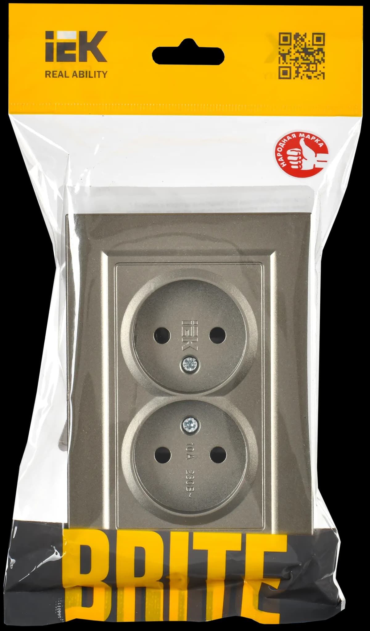 Розетка двойная без заземления с защитными шторками и рамкой IEK BRITE BR-R23-10-K37-F (шампань), фото 2