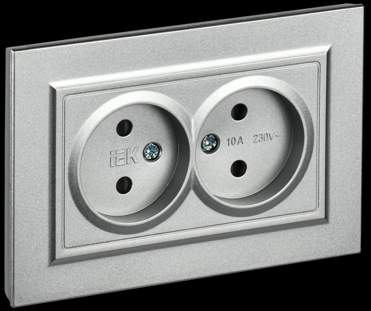Розетка двойная без заземления с защитными шторками и рамкой IEK BRITE BR-R23-10-K47-F (алюминий)