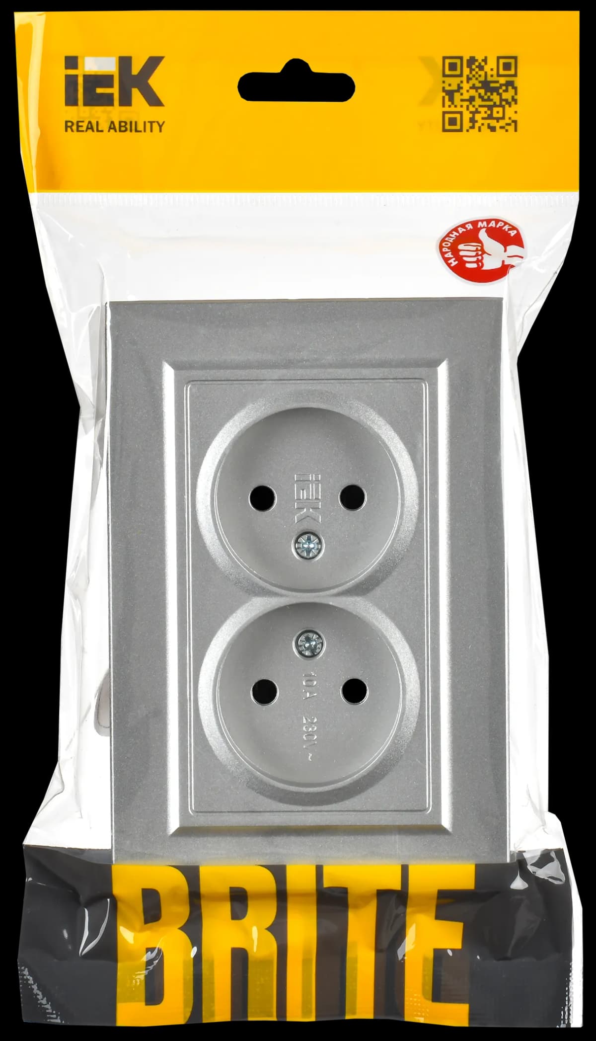 Розетка двойная без заземления с защитными шторками и рамкой IEK BRITE BR-R23-10-K47-F (алюминий), фото 2