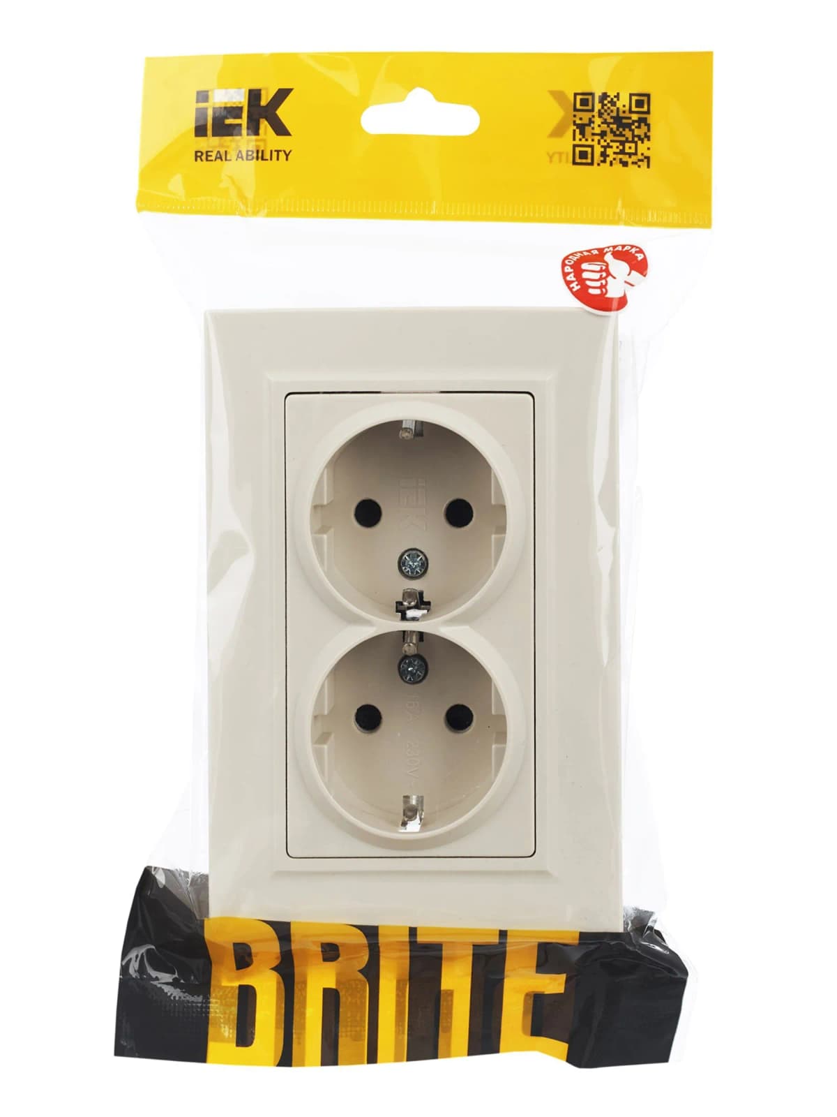 Розетка двойная с заземлением, защитными шторками и рамкой IEK BRITE BR-R24-16-K10-F (бежевый), фото 3