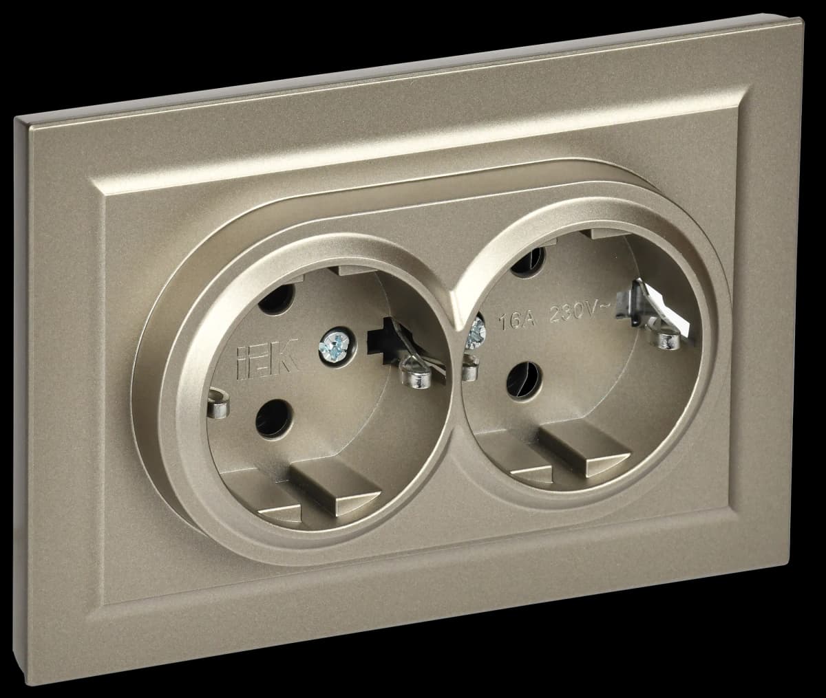 Розетка двойная с заземлением, защитными шторками и рамкой IEK BRITE BR-R24-16-K37-F (шампань)