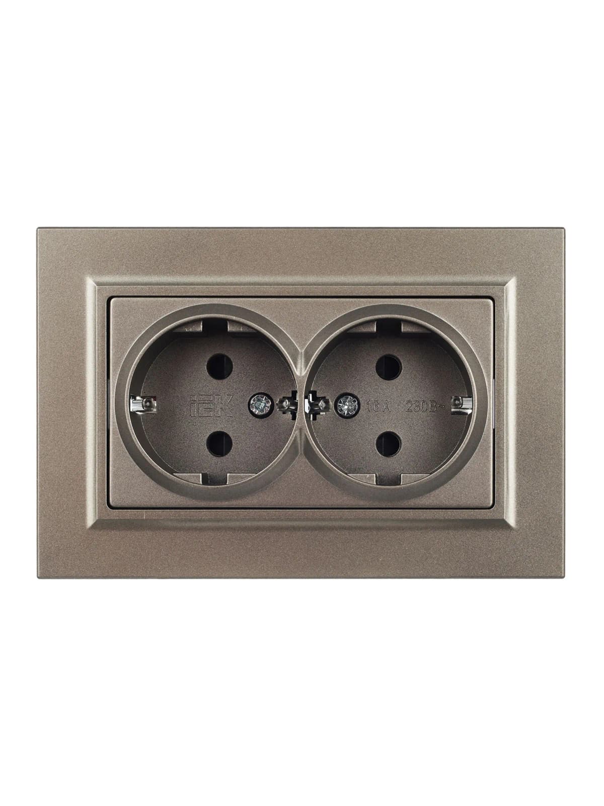 Розетка двойная с заземлением, защитными шторками и рамкой IEK BRITE BR-R24-16-K37-F (шампань), фото 2