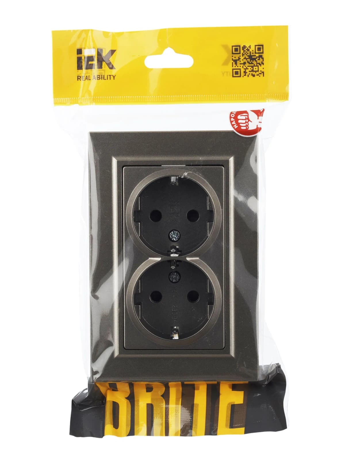 Розетка двойная с заземлением, защитными шторками и рамкой IEK BRITE BR-R24-16-K37-F (шампань), фото 4