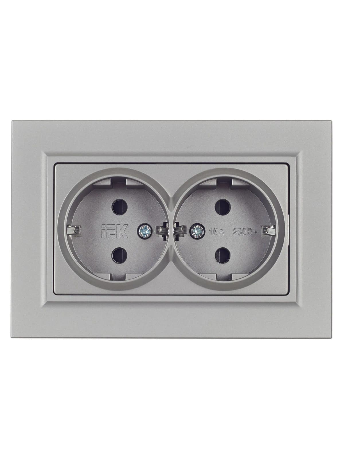 Розетка двойная с заземлением, защитными шторками и рамкой IEK BRITE BR-R24-16-K46-F (сталь), фото 2