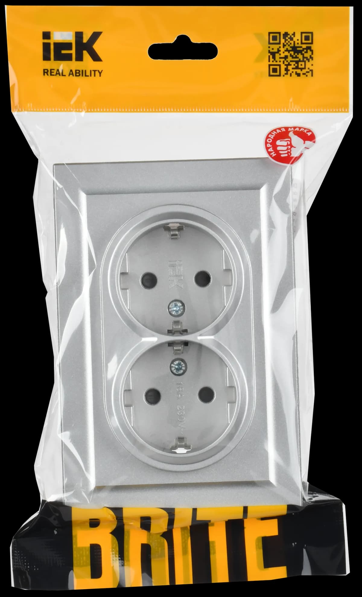 Розетка двойная с заземлением, защитными шторками и рамкой IEK BRITE BR-R24-16-K47-F (алюминий), фото 2
