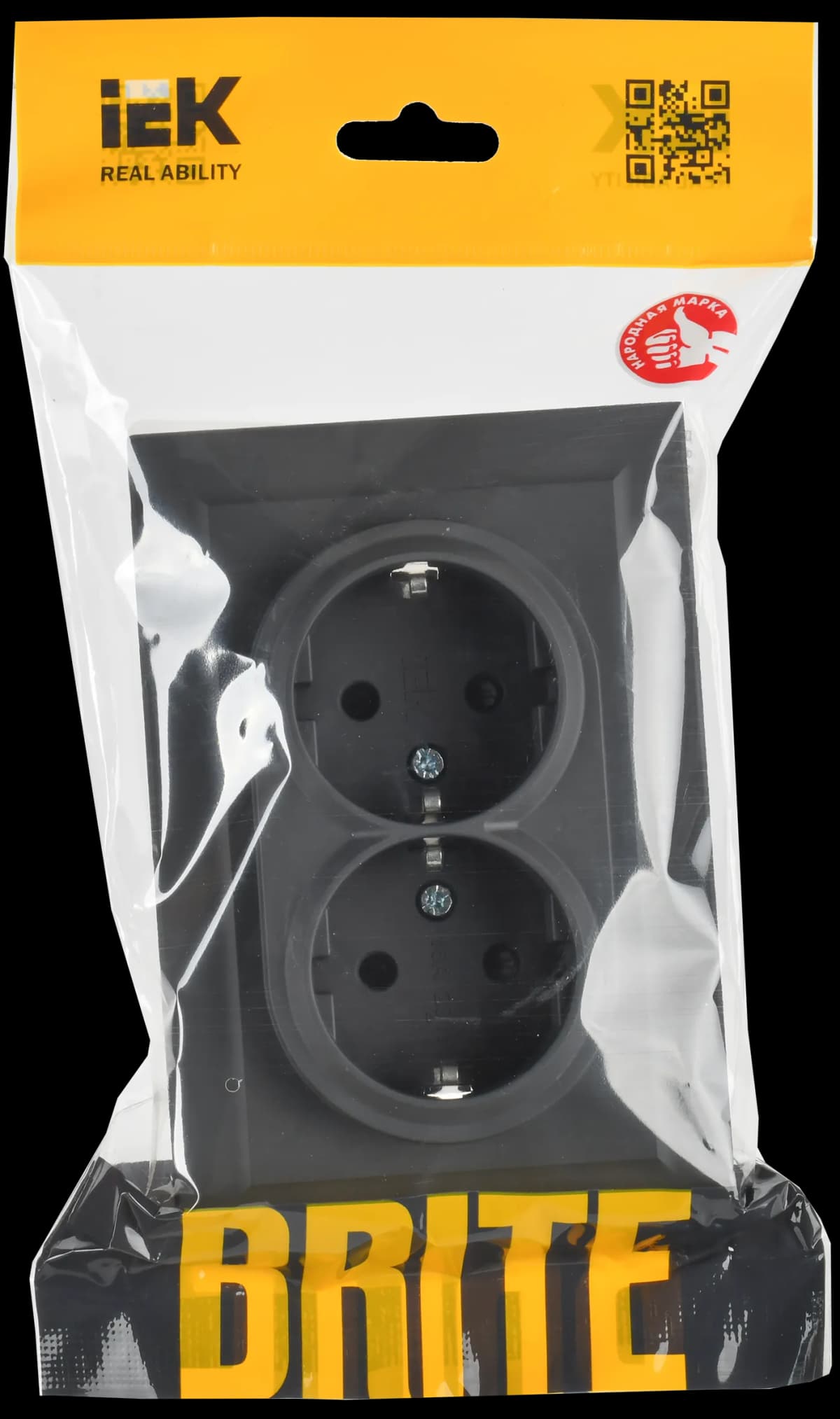 Розетка двойная с заземлением, защитными шторками и рамкой IEK BRITE BR-R24-16-K53-F (графит), фото 2