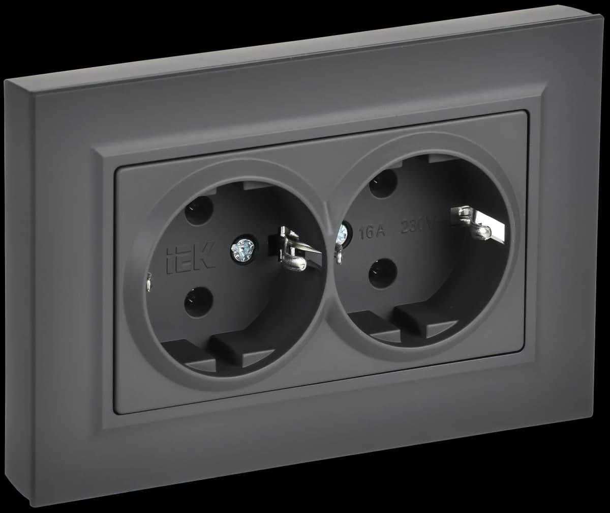 Розетка двойная с заземлением и рамкой IEK BRITE BR-R27-16-K53-F (графит)